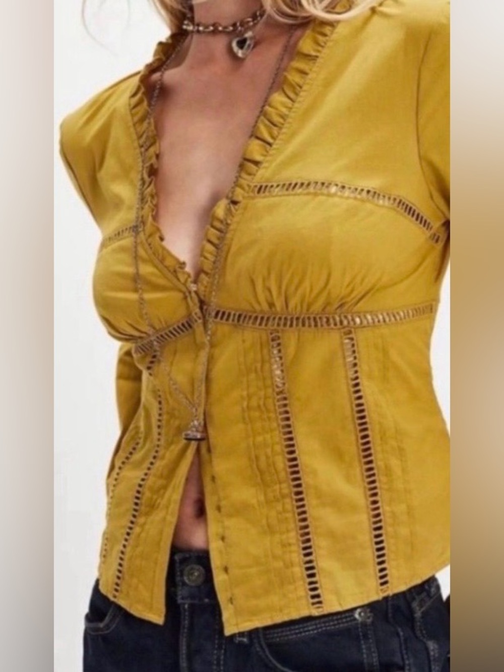 Free People Frankie Blouse Pale Chartreuse V-Neck Clasp-Front Blouse
